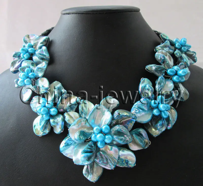 

FREE SHIPPING HOT sell new Style >>>> Handmake18" 7pieces blue color freshwater pearl and blue shell bloom necklace