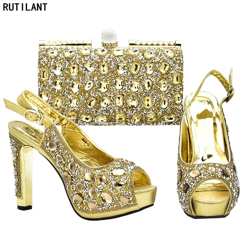

New Arrival Italian Shoes with Matching Bags for Women Latest Nigerian Women Wedding Shoes and Bag Set Decorated with Rhinestone