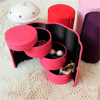

Portable Jewelry Organizer Box Flannel Cylinder Three-layer Jewelry Storage Box High Quality Flannel Necklace Rings Case