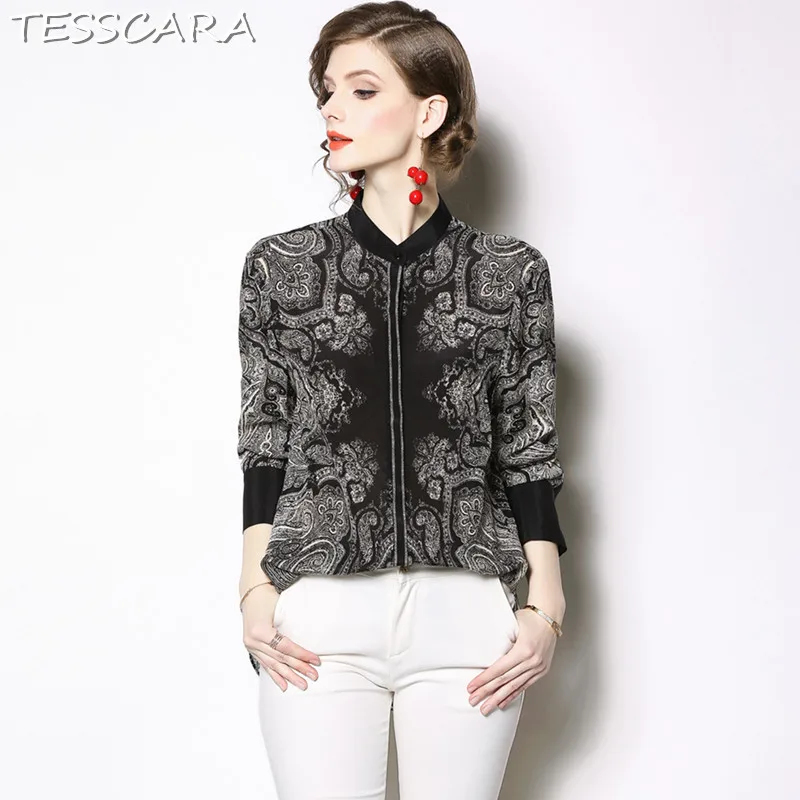 

TESSCARA Women Elegant Black Office Blouse Shirt Female Fashion Print Top Designer Party Chiffon Chemise Womens Tops And Blouses