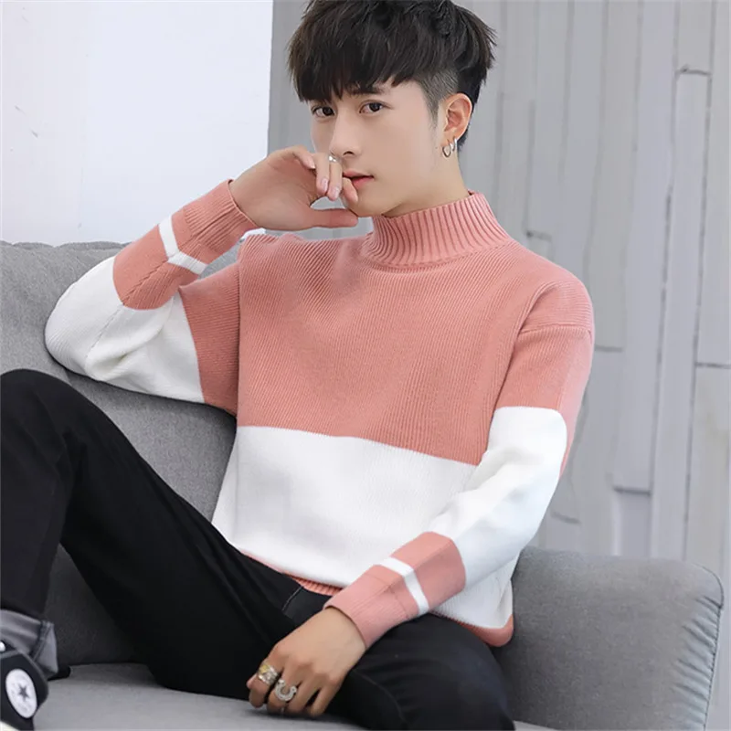 

2019 male color matching sweater half a turtleneck sweater tide of cultivate one's morality splicing render sweater