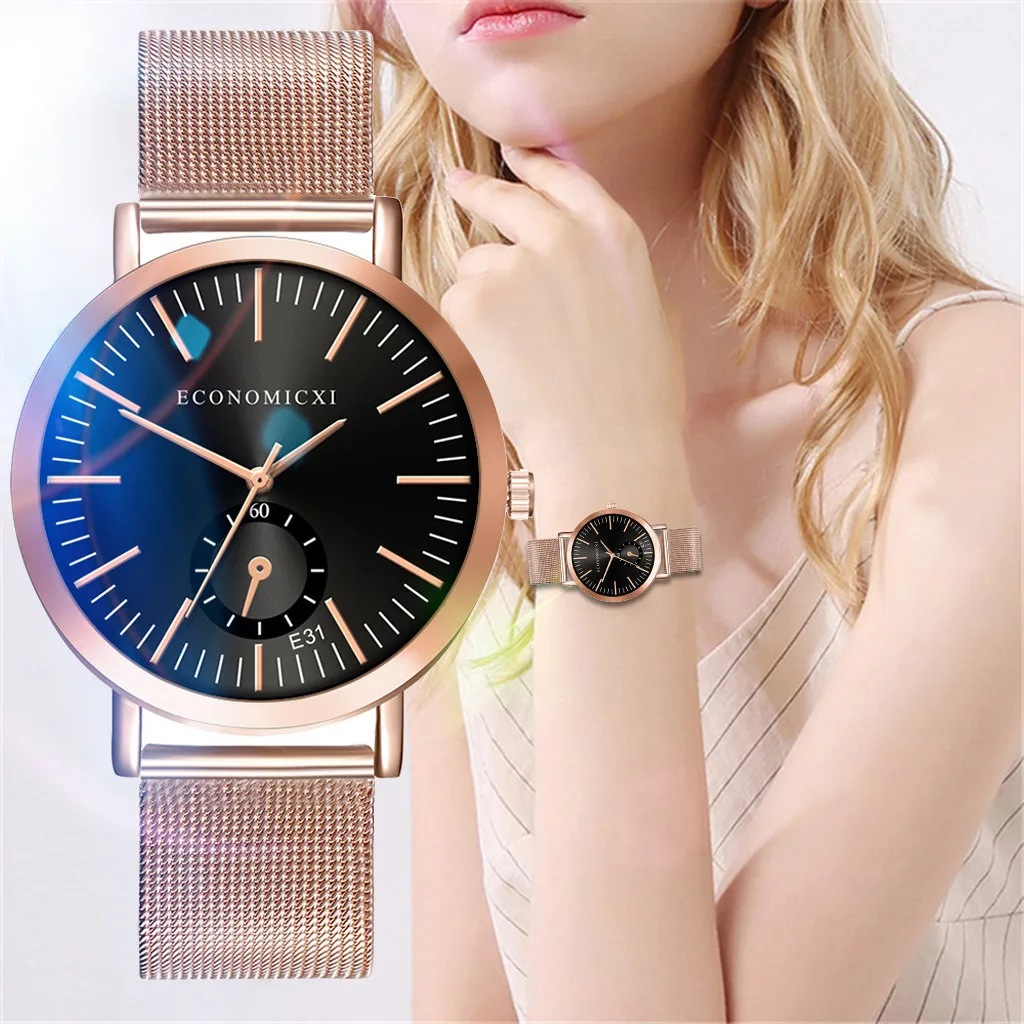 

ECONOMICXI Watch Women Luxury Solid Color Ultra-thin Dial Dress Fashion Rose Gold Alloy Quartz Wrist Watches relojes para mujer