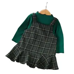 DFXD/детская одежда 2018 новый осенний комплект одежды для девочек хлопок зеленый длинный рукав трикотажная рубашка без рукавов + плед ремень