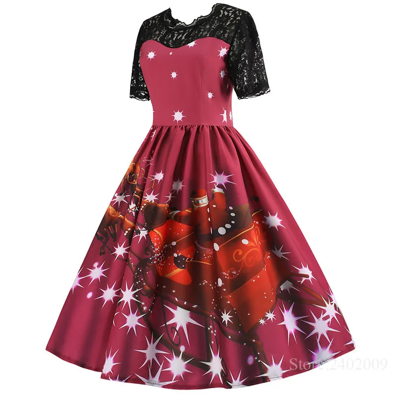 S~ 3XL Новое Женское тонкое рождественское платье с коротким рукавом и цветочным принтом кружевное лоскутное осеннее элегантное платье роковой винтажный Сарафан