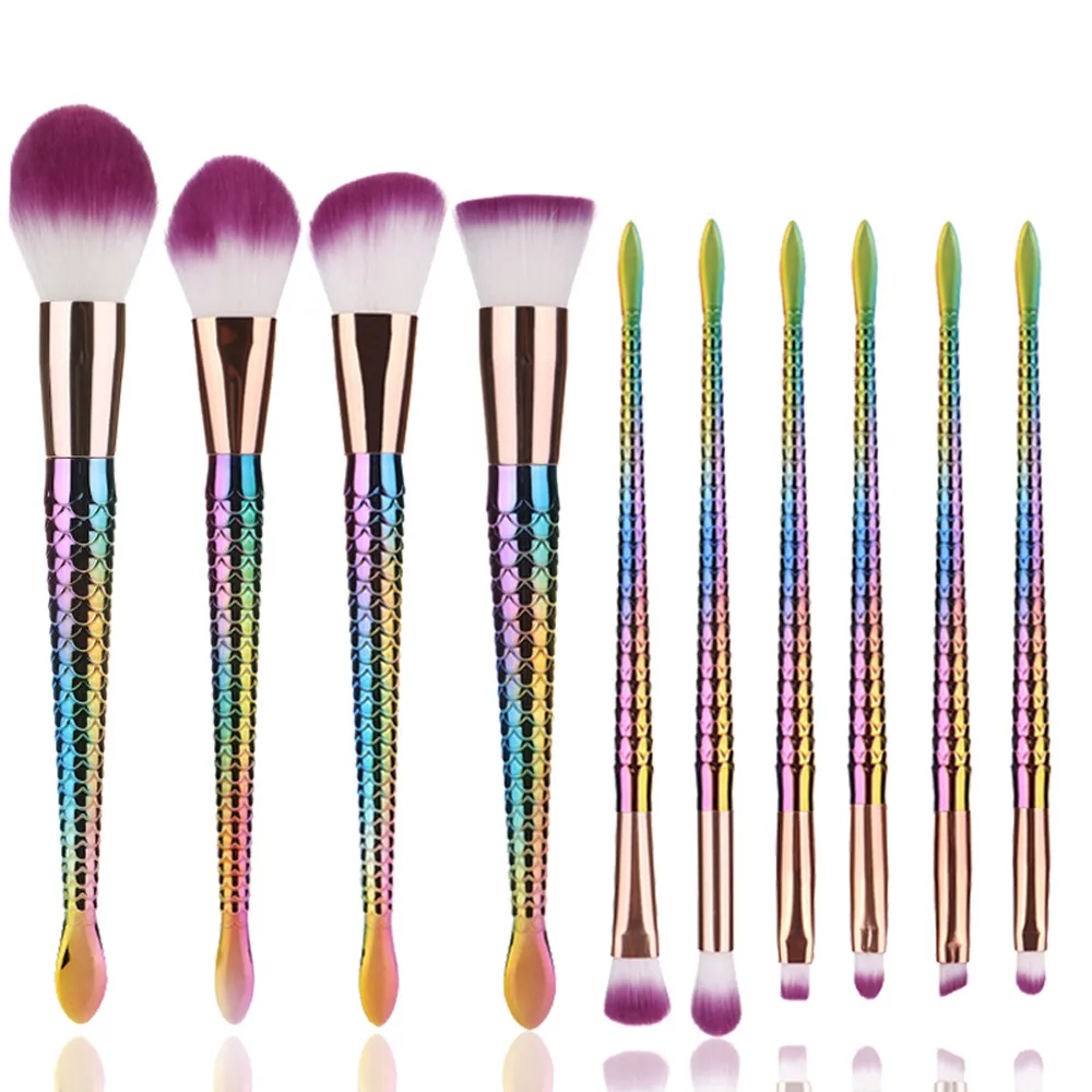 

New Arrival 10Pc Mermaid Foundation Eyeshadow Contour Eye Lip Makeup Brushes Set Blending Highlighter Contour Face Loose