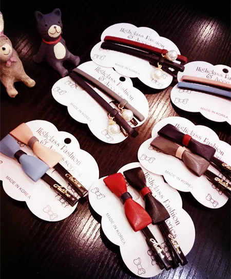 

Korea Hair Accessories Artificial leather  Hair Pins  Hair ornaments Retro Peal Bow Hair Clips For Women Barrette 5