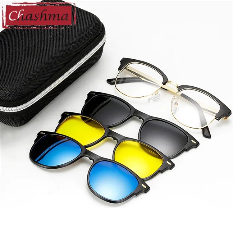 Бренд Chashma, дизайнерские очки, женские клипсы, поляризованные линзы, магнит, для ночного вождения, желтые солнцезащитные очки, оптические очки с 3 клипсами - Цвет оправы: Черный