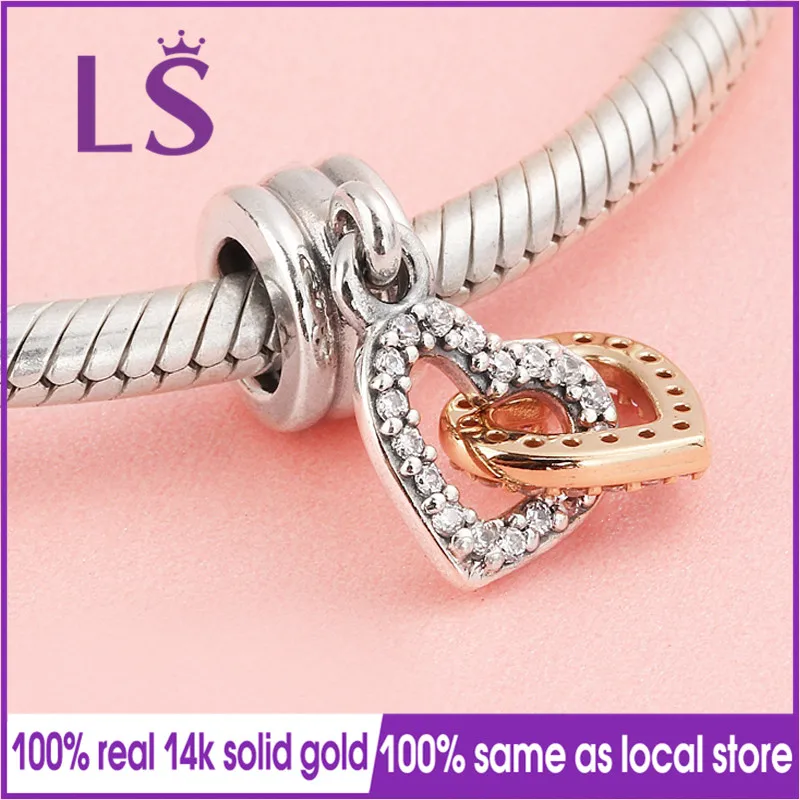 

LS 100% 925 Silver&Real 14.K G.old Interlocked Hearts Dangle Charms Fit Original Bracelets Pulseira Jewelry Gift 100% Original N