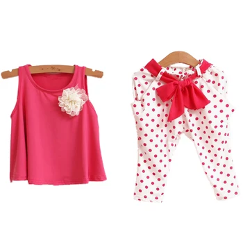 

Cute Girls Summer Clothes Suit Flower Girl Set Sleeveless irregular T-shirt Children dot bowknot Pants For 1~7Y Girl Clothes Set