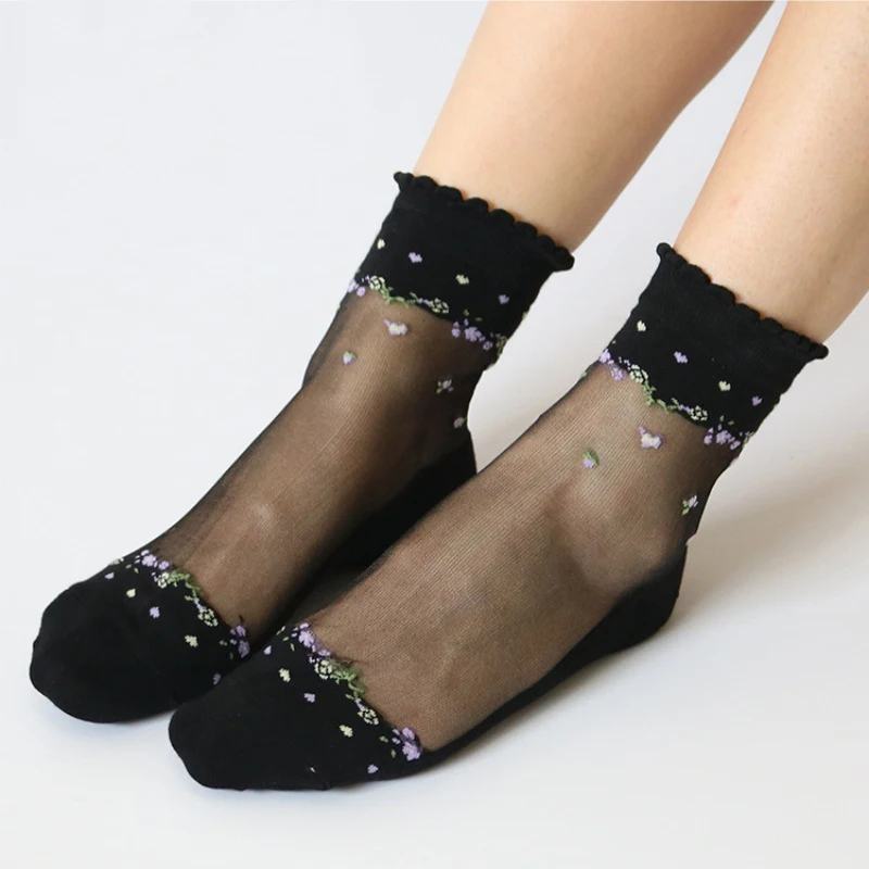 

1Pair Fashion Women Summer Floral Print Lace Socks Ladies Elastic Crystal Glass Silk Ultrathin Transparent Short Ankle Socks