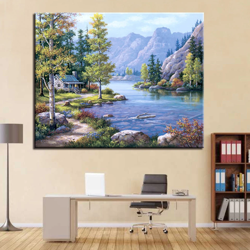 

DIY Oil Painting By Numbers Kits Coloring Paint Mountain Forest River Framework Modern Home Decor Modular Wall Art Picture Gift