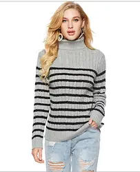 Женский Повседневный пуловер вязаный свитер осень зима свободный полосатый водолазка цветной свитер черный белый
