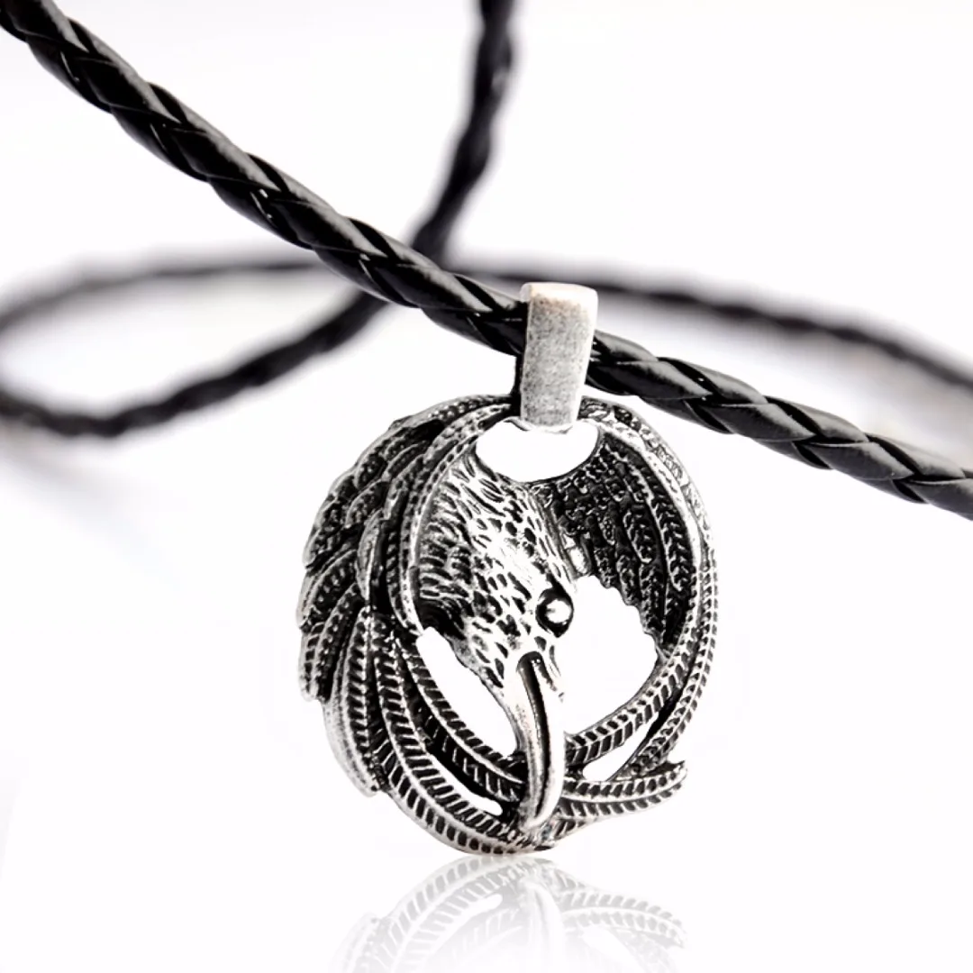 Nordic Viking Raven Crow Head Pendant Mens Black Leather Necklace Gift