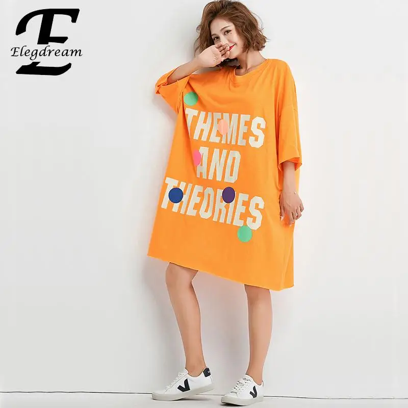 

Elegdream Oversized Apparel for Woman Plus Size Letter Printed Shirt Dress Ladies Summer Casual Tee Dresses Female Tunic Vestido
