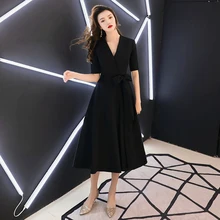 Черные женские сексуальные вечерние платья с v-образным вырезом с коротким рукавом повседневные миди вечерние платья Robe de Soiree LYFY79