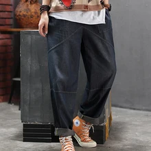 Женские большие джинсы джинсовые брюки Ретро Винтажные модные повседневные Длинные свободные негабаритные однотонные для осени AZ19223417