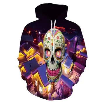 

2019 men's and women's skull-print long-sleeve hoodies spring and fall thin Halloween hip hop funny hoodies
