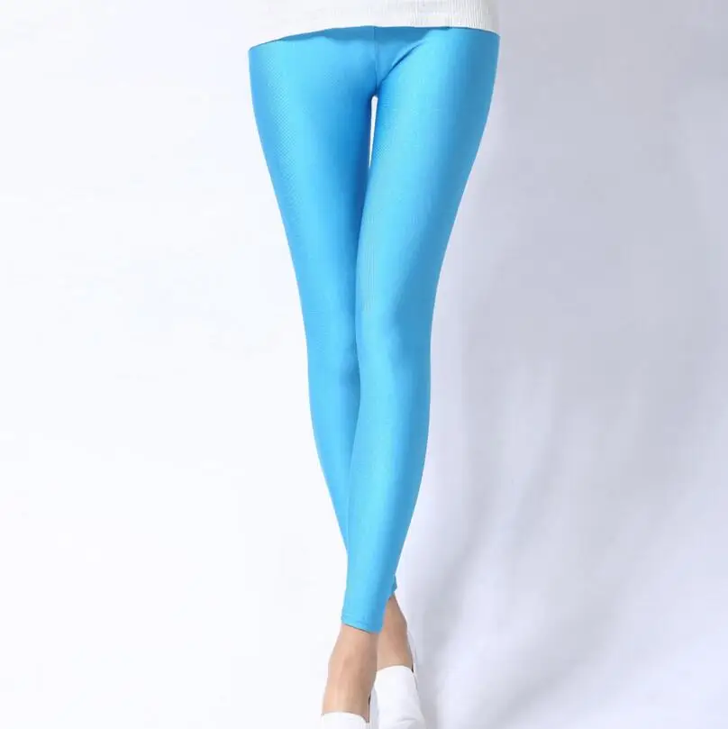 K036 Sky blue CUHAKCI женские блестящие брюки леггинсы Горячая Распродажа Леггинсы сплошной цвет флуоресцентный спандекс эластичный повседневные брюки блестящие леггинсы - Цвет: K036 Sky blue
