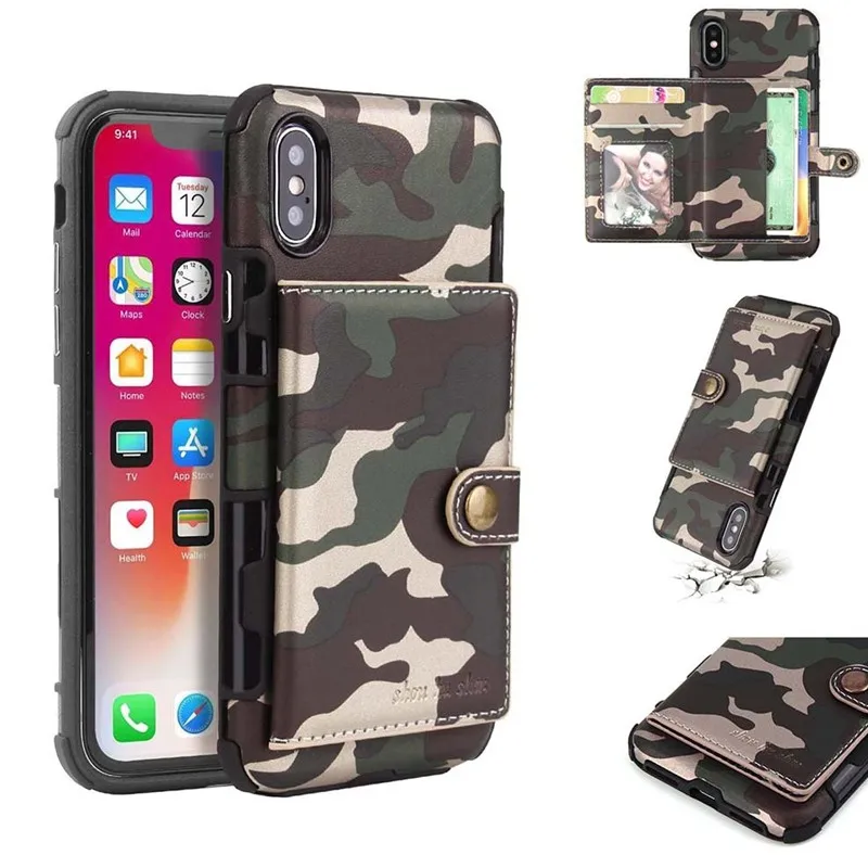 Army Camouflage PU Leather Case For iPhone X XR XS Max Multi Card Slot