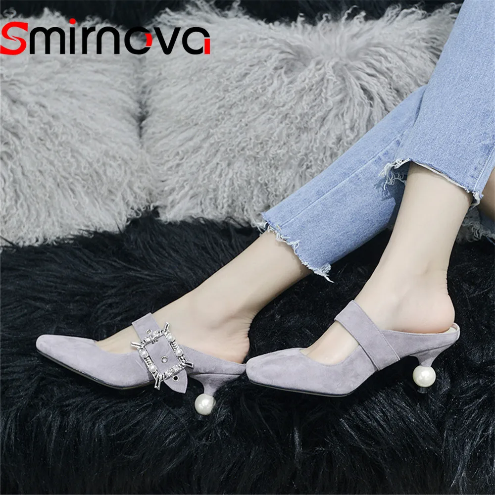 

Smirnova black 2018 fashion spring autumn shoes woman square teo shallow mules shoes prom suede leather high heels shoes