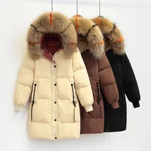 Женская зимняя куртка, большой натуральный мех, новинка, зимняя женская парка, белый утиный пух, куртка, верхняя одежда, толстое теплое Свободное пальто с капюшоном