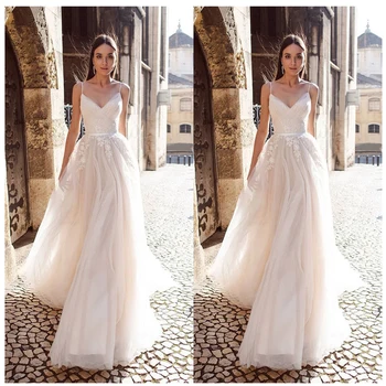 

LORIE A Line Organza Wedding Dress 2019 Vestido De Noiva Princess Bridal Dress Backless Spaghetti Straps Beach Wedding Dresses