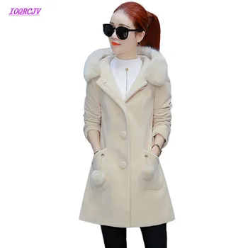

2018 Winter Women Woolen coat Water velvet Jacket Thick Plush Coat Female Slim Overcoat Warm Hooded Outerwear Plus Size W180