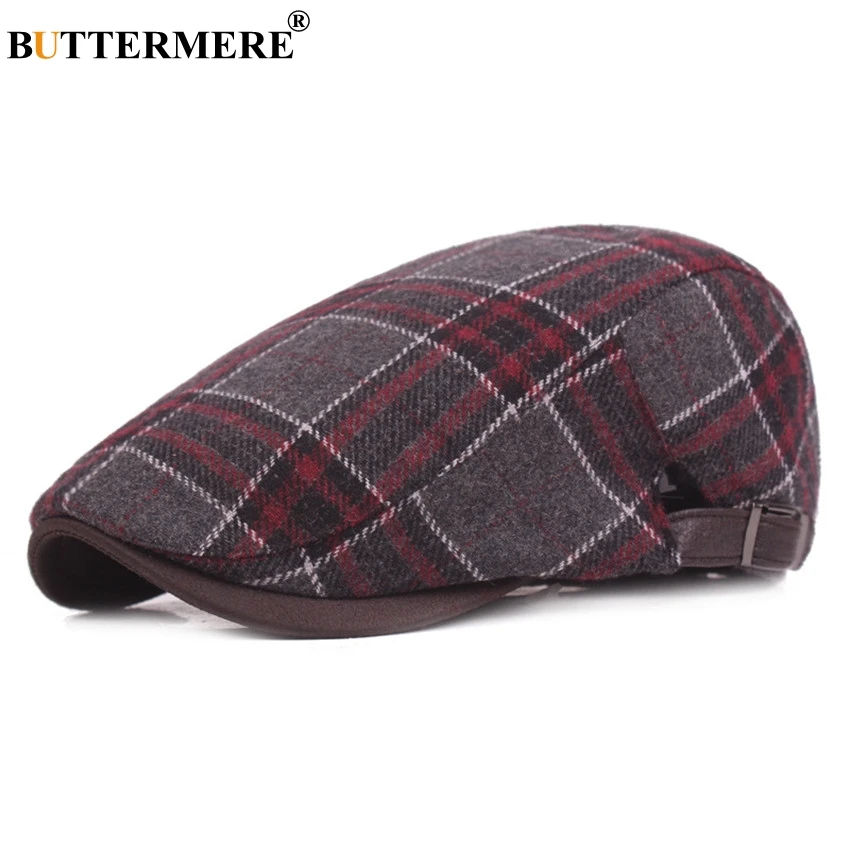 

BUTTERMERE Men Beret Plaid Wool Winter Warm Flat Cap Female Male Checkered Adjustable Vintage French Duckbill Hat And Caps