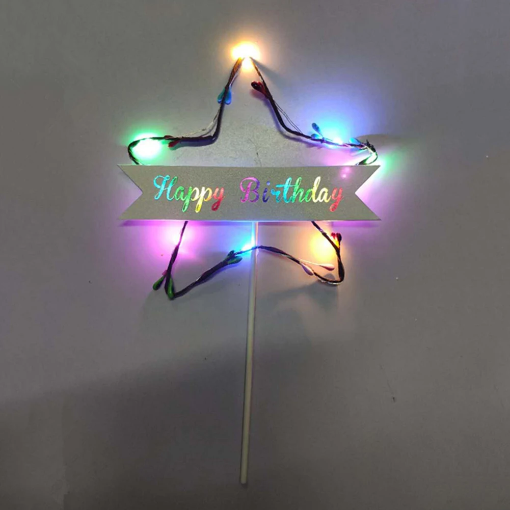 

Led Flag Gift Table Cupcake Colorful Happy Birthday Cake Topper Light Card Inserts Star Shape Dessert DIY Glitter Party Supplies