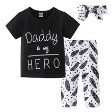 Для маленьких девочек комплект одежды из 3 предметов папа мой герой футболка+ штаны+ повязка на голову для новорожденных Нарядная одежда для малышей Костюмы комплект