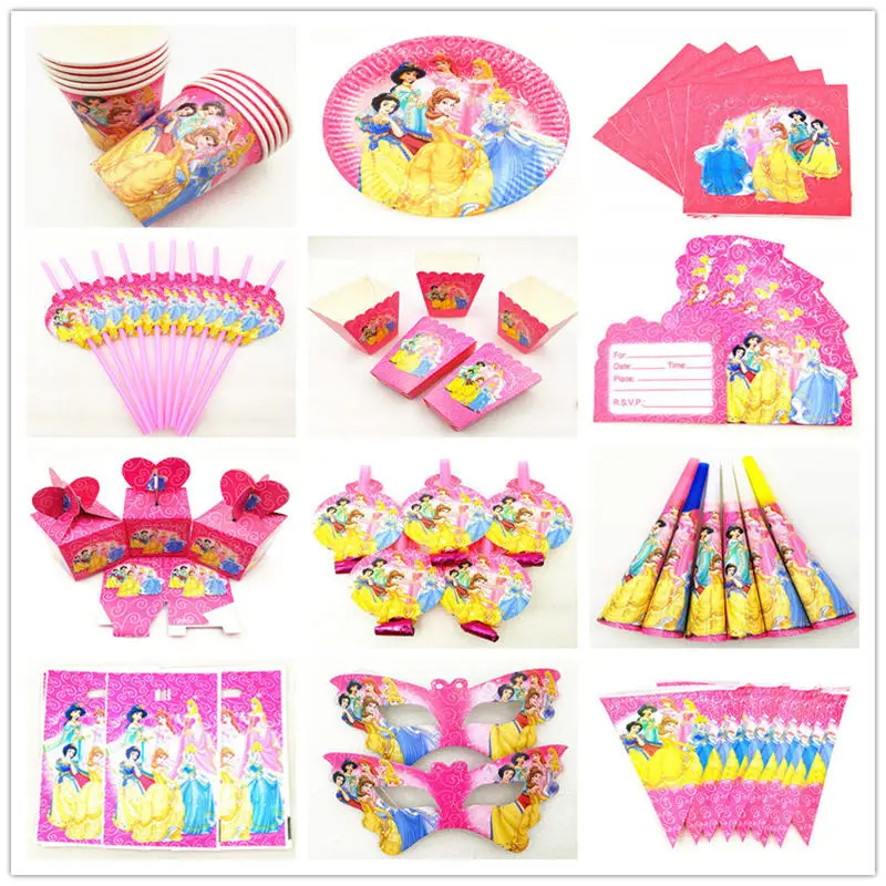 

Disney Six Princess Theme Child Birthday Party Wedding Paper Cup Plate Napkin Straw Snow White Theme Mask Cap Gift Bag Supply