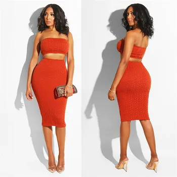 

2019 Sleeveless Knit Double Layer Set European and American sexy wrapped chest slim dress two-piece women
