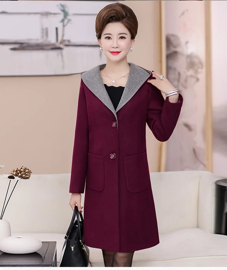 Autumn Winter Woolen Coat Women Hooded New Middle-aged Mother Clothes Long Slim Wool Coat Womens windbreaker Plus Size coat 5XL