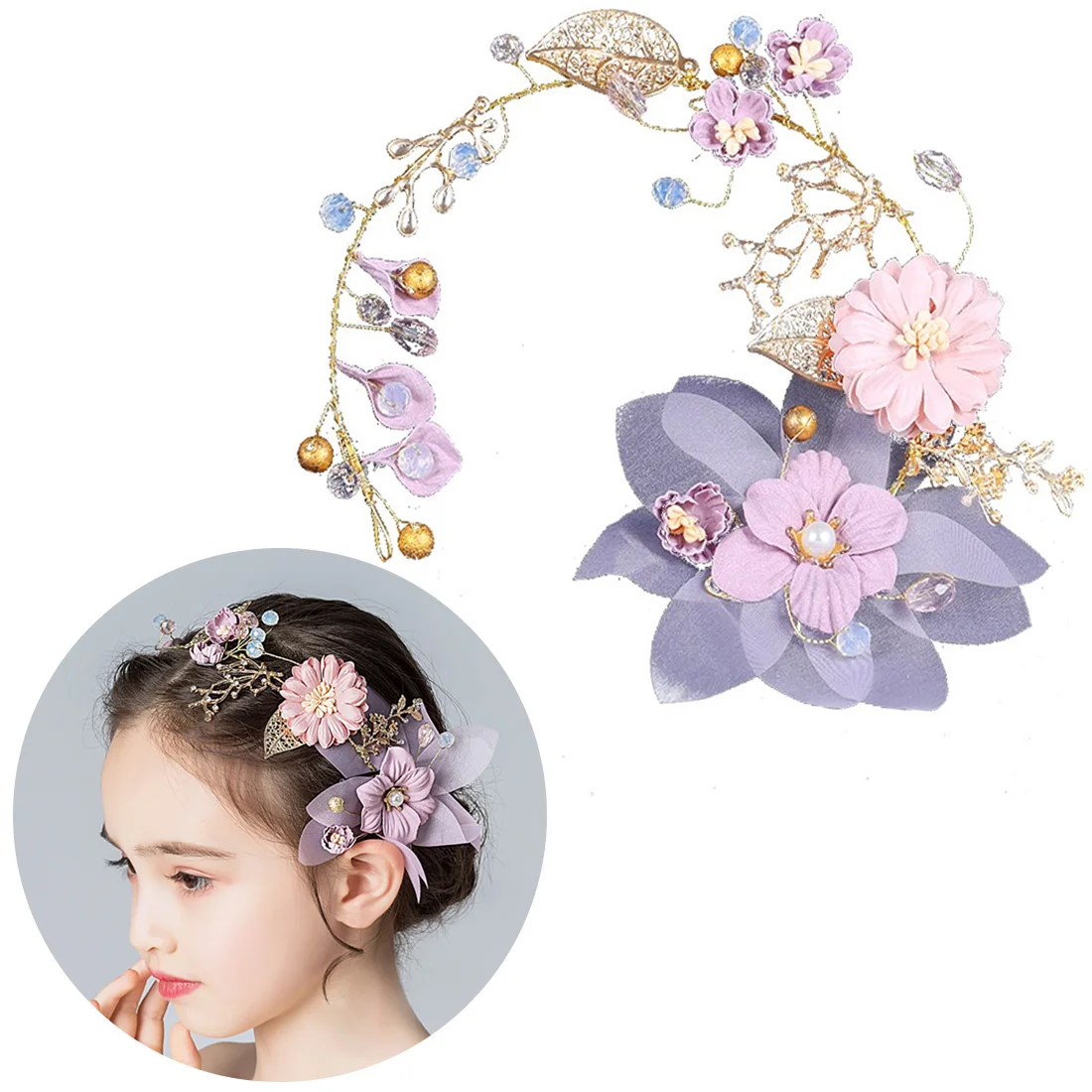 

High End Copper Wire Handmade Purple Flowers Golden Leaves Bridal Headdress Soft Bride Tiara Wedding Hair Accessories