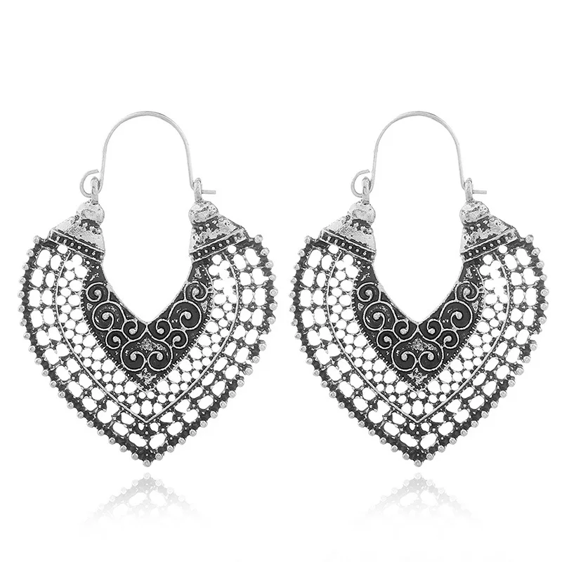 

1 Pair Heart Earrings Ethnic Tribal Aztec Hippy Boho Dangle Statement Silver Tibetan