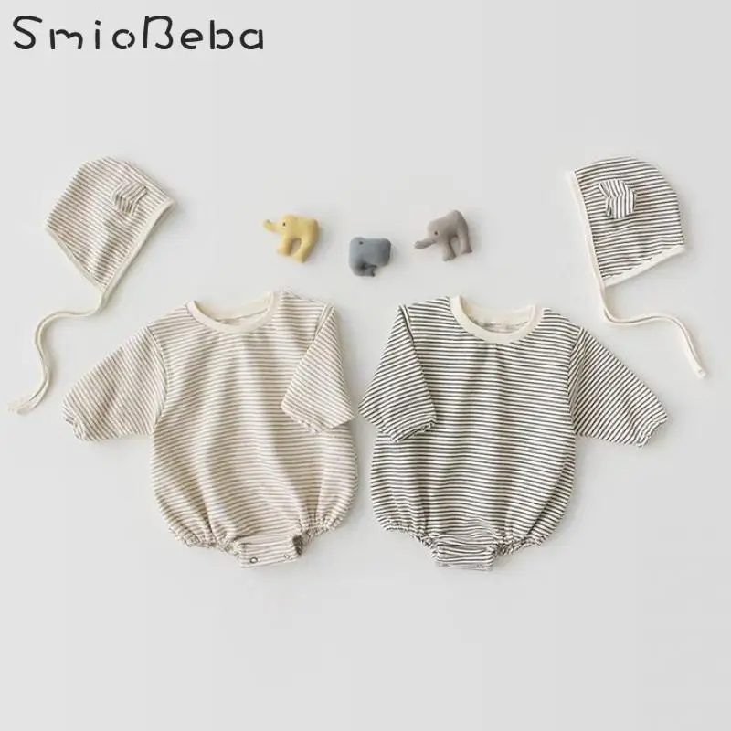 

Spring Baby With Lovely Stripes Rompers Add Hats Small Ears Caps Hats 2pcs Suit Jumpsuit For Children Baby Girl Romper Summer