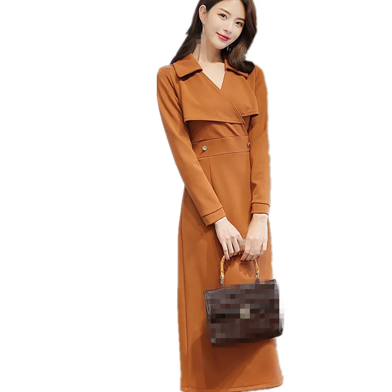 

B3814 Spring and autumn 2019 new women's slim fashion trend long-sleeved solid color dress cheap wholesale