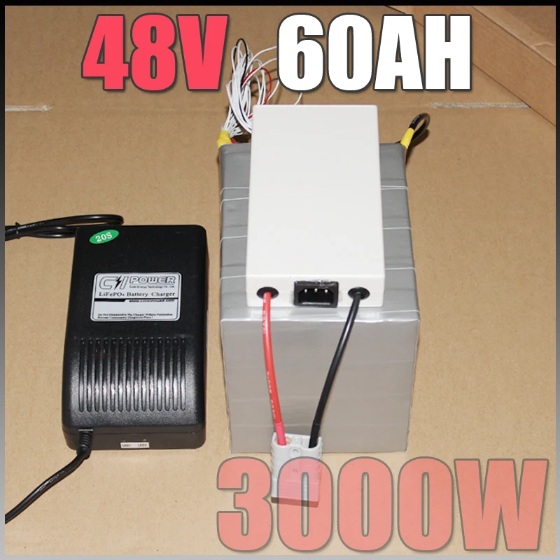 Top 48V 60Ah LiFePO4 Battery Pack ,3000W Electric Bicycle Battery + BMS Charger 48v lithium scooter electric bike battery pack 1