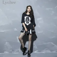 Lychee Harajuku, женская футболка с зеркальным принтом в виде кота, с кольцом, на шнуровке, с капюшоном, в стиле панк, готика, Kawaii, Повседневная футболка с коротким рукавом, футболка, топ