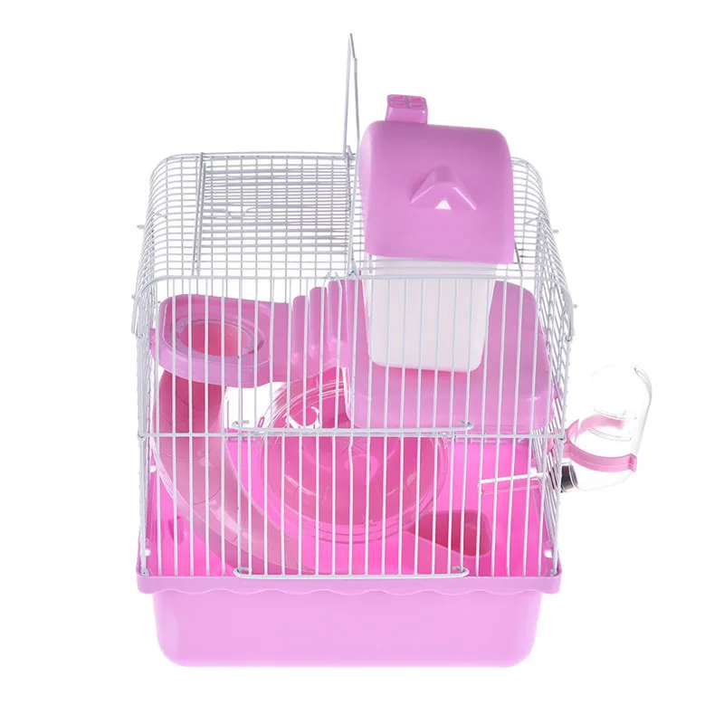 Новая клетка для хомяка двухслойная маленькая кастелет домашнее Гнездо дом для мыши с скользящим диском вращающаяся Бутылка маленький замок клетка для хомяка - Цвет: Розовый