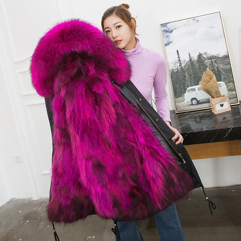 Long Femmes black Chaud De Doublé Veste Réel brown Green Color Laveur D'hiver Fourrure Véritable Naturel 2018 Parka purple Navy Col rose Vestes Manteau olive Renard Raton original 100 dark Femme gqxU5tn50