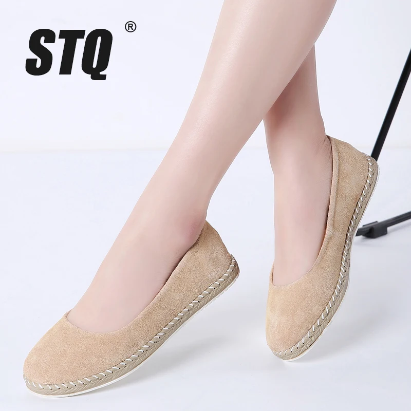 

STQ 2019 Autumn Women Ballet Flats Shoes Leather Suede Slip on Flats Laides Casual Mocassins Loafers Shoes for Woman 7022