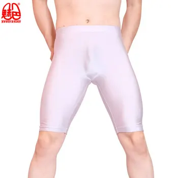 Sexy Men Oil Shiny Lycra Middle Pants Seamless Solid U Convex Pouch Half-Length Boxers Gay Wear Long Leg Underpants Dance Corset 2