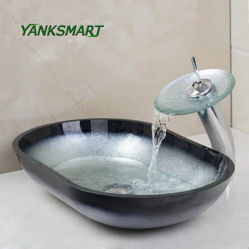 

YANKSMART Glass Basin Sink Washbasin Counter top Washroom Vessel Vanity Sink Bathroom Mixer waterfall combo Faucet Set