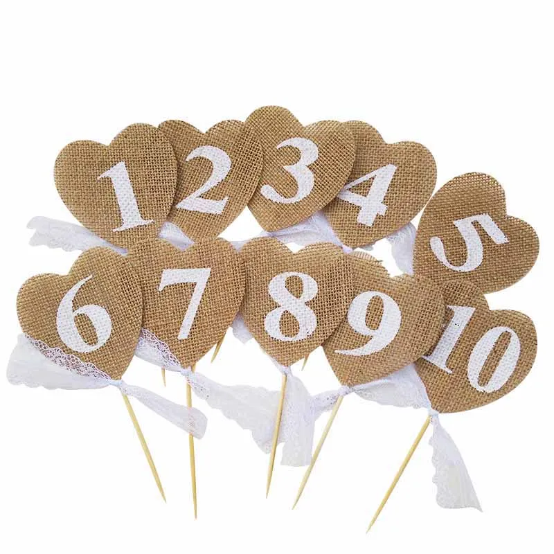 

1-10 Jute Hessian Burlap Table Cards Vintage Wedding Decoration Heart Shape Table Number Centerpieces Decoration Rustic Craft