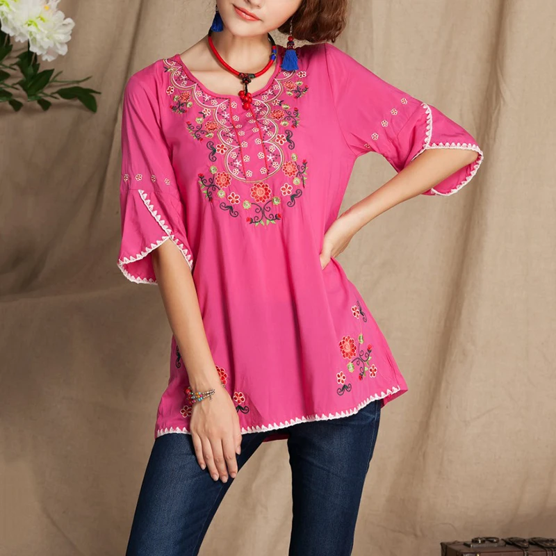 boho рубашки Для женщин модные блузки с короткими рукавами рубашка с цветочным узором Винтаж 70s мексиканская футболка в этническом стиле Готический вышитая блузка Для женщин