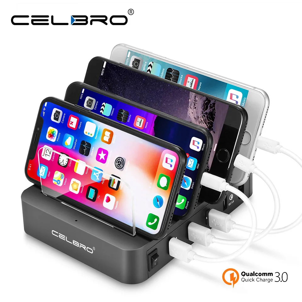 

Multi Port USB Charger HUB Quick Charge QC 3.0 4Port Fast Charging USB Station Multiple USB Power Strip Adapter + Holder Stand