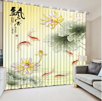 

Printing Window Curtain Pastoral style 3D Curtains Bedroom fish lotus Sofa Hotel Wall Cafe Office Blackout Drapes