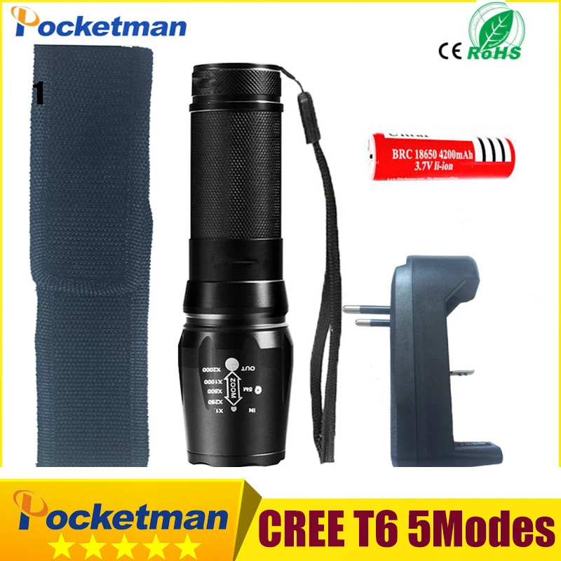 

Portable Led Flashlight 4000 Lumen Zoomable XML-T6 LED Torch lampe torche 18650 Battery Charger Cloth Cover ZK50