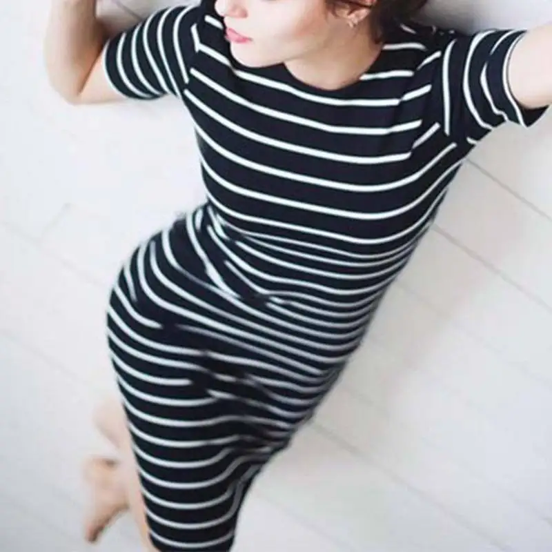 Women Summer Fashion O-neck Short Sleeve Striped Slim Clothing Casual Mid-Calf Casual Dress